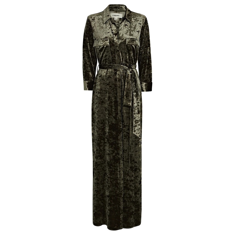 L'Agence Cameron Velvet Maxi Shirt Dress Green Size Small Long Sleeve Chic Sexy - Picture 3 of 16